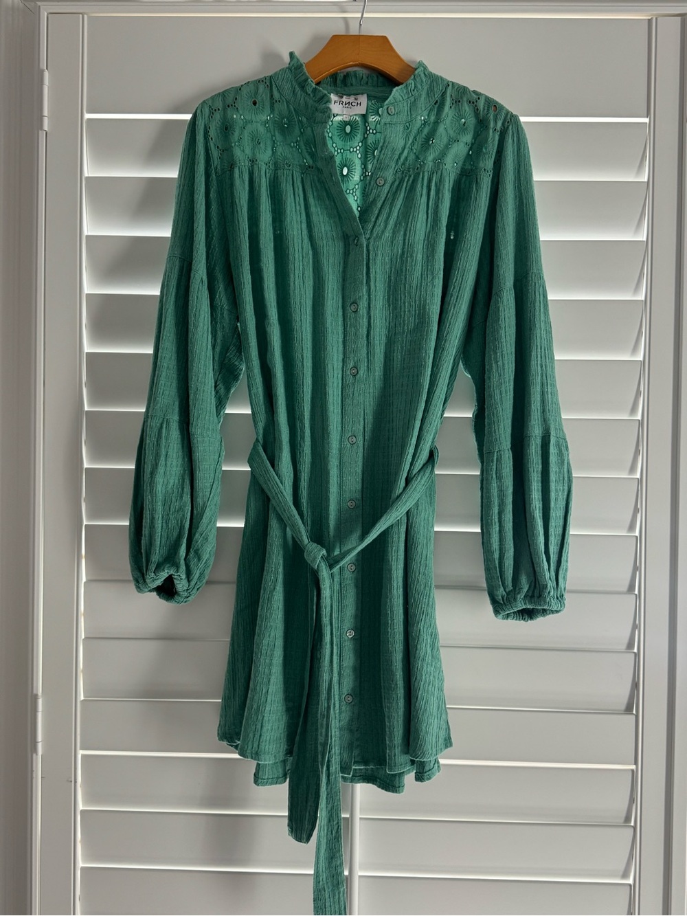 FRNCH Teal Green Button-Front Long Sleeve Tie-Waist Dress